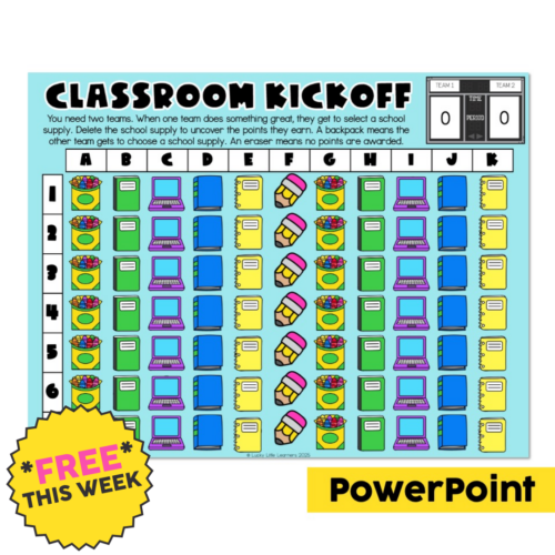 Classroom kickoff game board with alphabet and backpack icons for team points, featuring a yellow 'FREE THIS WEEK' badge and PowerPoint label, designed for engaging classroom activities.
