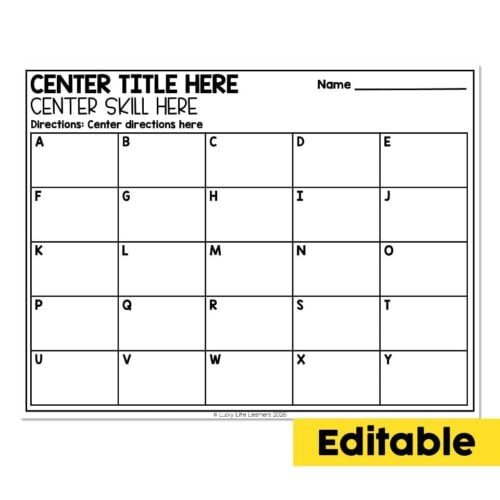 Editable classroom activity sheet with alphabet grid and space for student name, designed for early literacy skills development, from Lucky Little Learners.