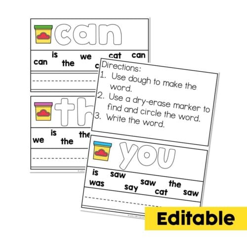 Educational printable activity sheets for early reading skills, featuring sight words like 'can', 'the', 'you', with instructions for making and writing words, suitable for preschoolers.