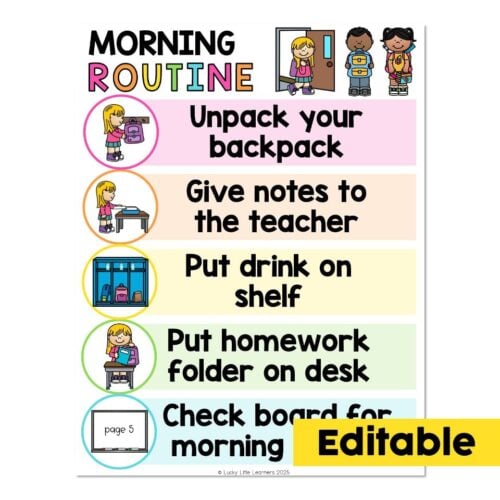 Morning routine chart for kids with steps: unpack backpack, give notes to teacher, put drink on shelf, put homework folder on desk, check board for morning activities, colorful and editable.