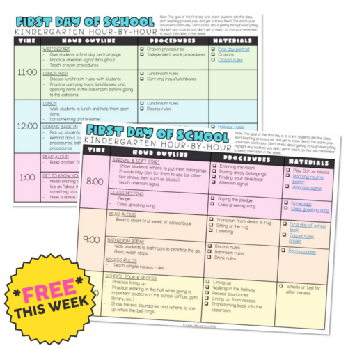 First day of school schedule for kindergarten with time slots for activities, rules, and materials, featuring colorful sections for different parts of the day, ideal for early childhood education.