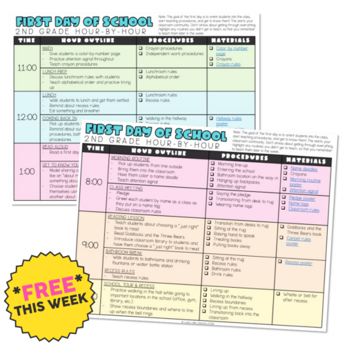 First day of school schedule for 2nd grade, including activities like lunch, reading, and classroom rules, with colorful headers and icons for a fun, organized start to the school year.