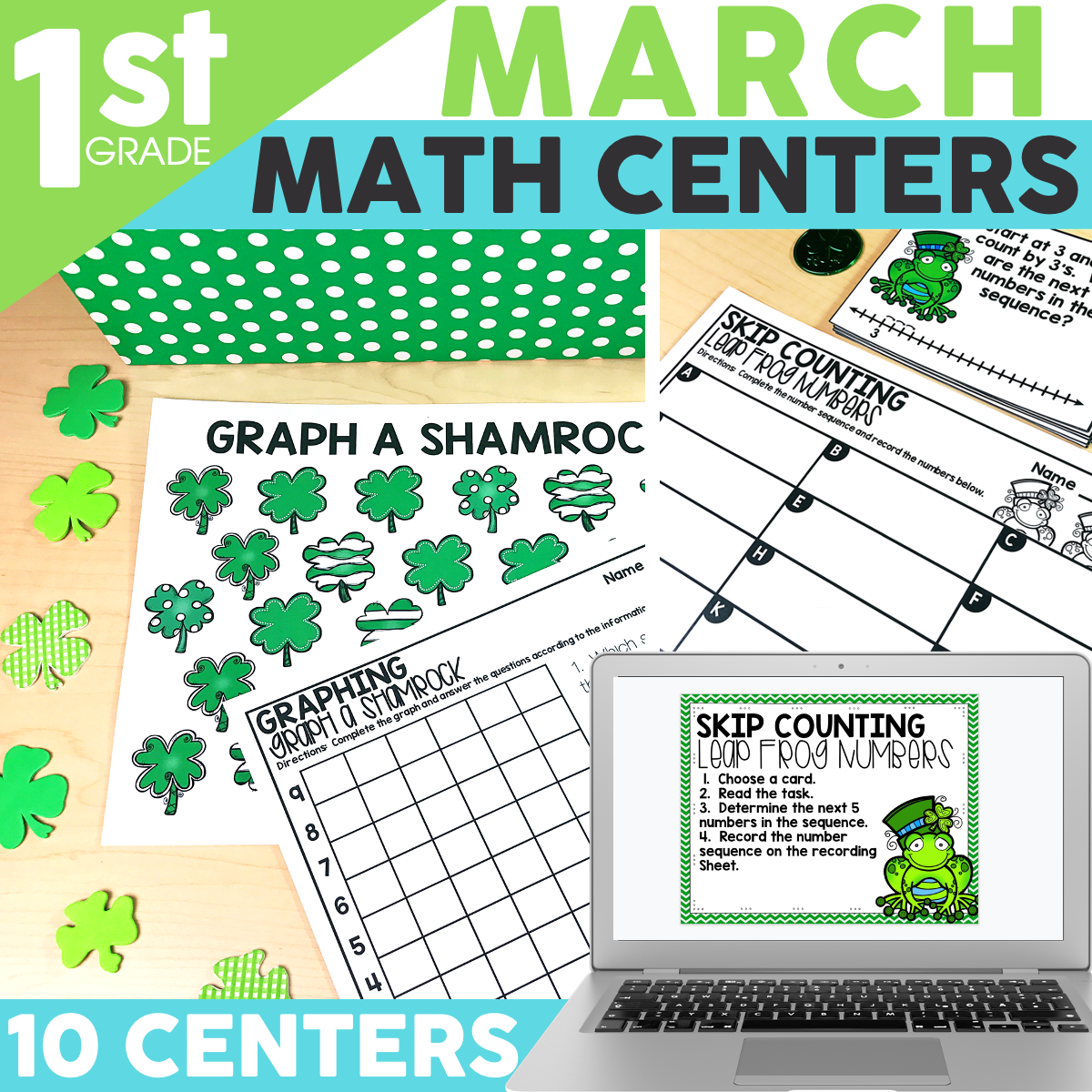 First grade March math centers including graphing, skip counting, and number activities with frog-themed worksheets and digital resources for engaging learning.