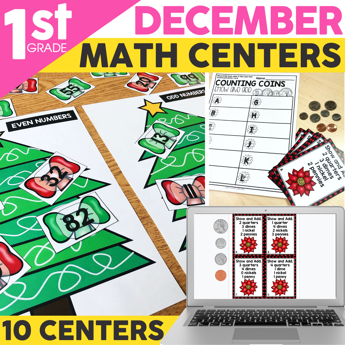 First grade Christmas math centers with counting coins, number recognition, and holiday-themed activities for engaging early learners.