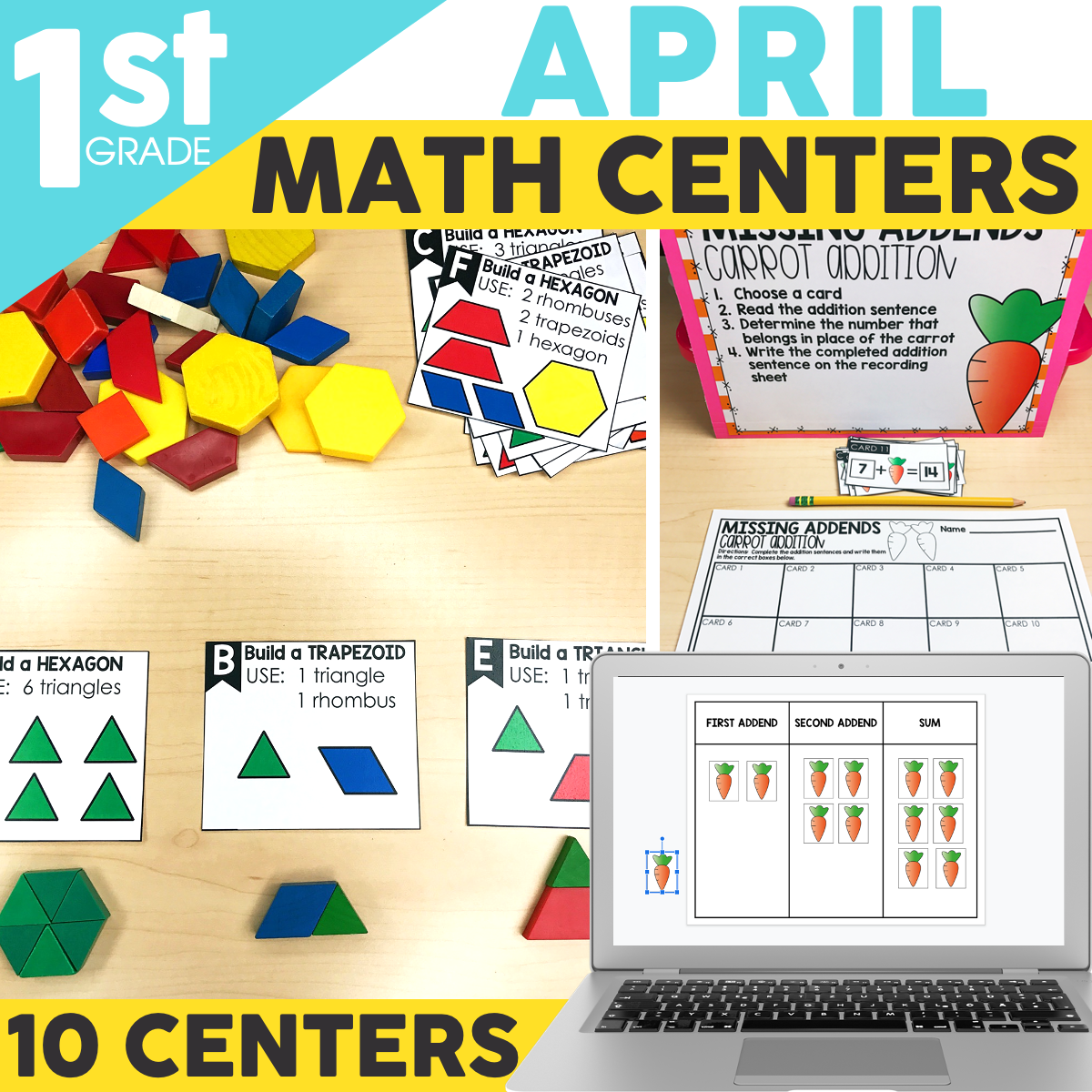 First grade math centers featuring geometric shape building, addition worksheets, and digital learning tools for engaging early math education.