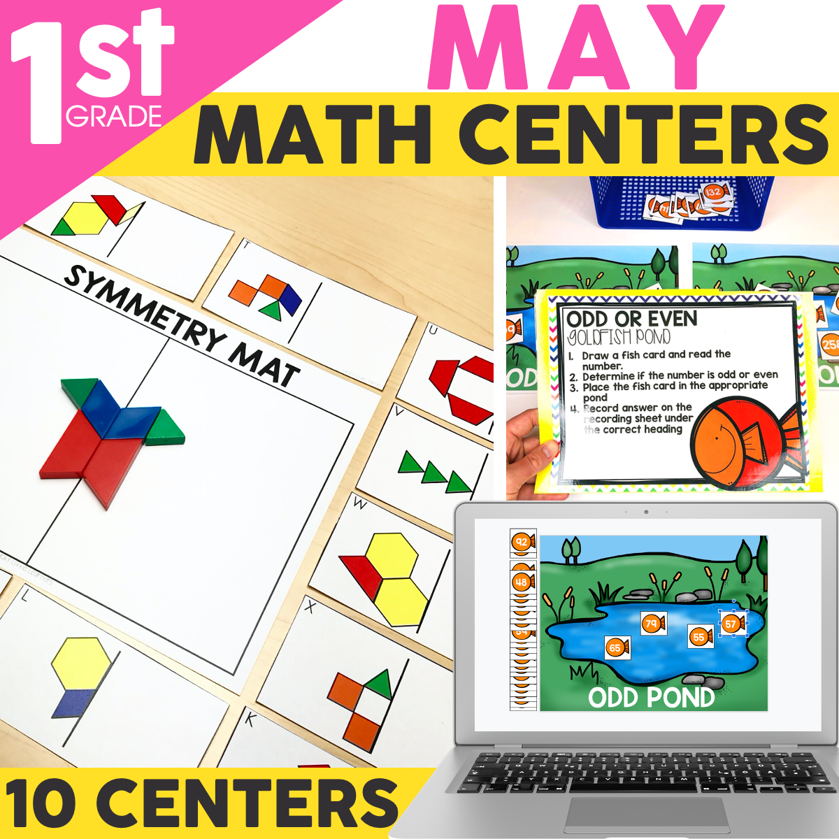 First grade math centers including symmetry mat, odd or even pond game, and a digital math activity for engaging early learners.