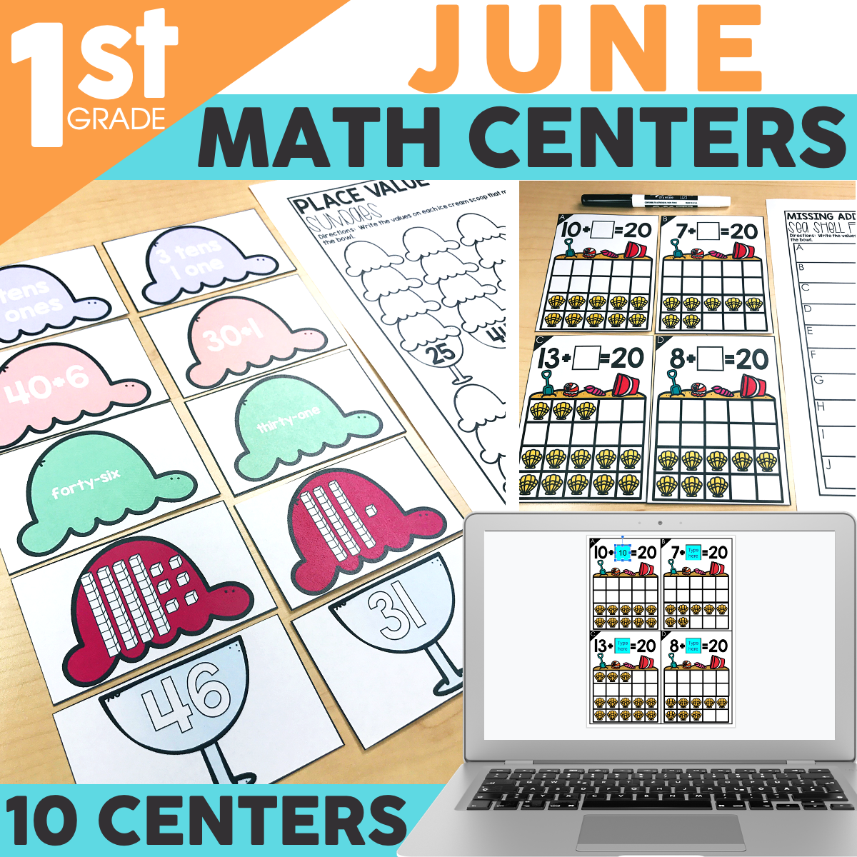 First grade math centers for June featuring number and place value activities, printable worksheets, and digital resources for engaging math practice.