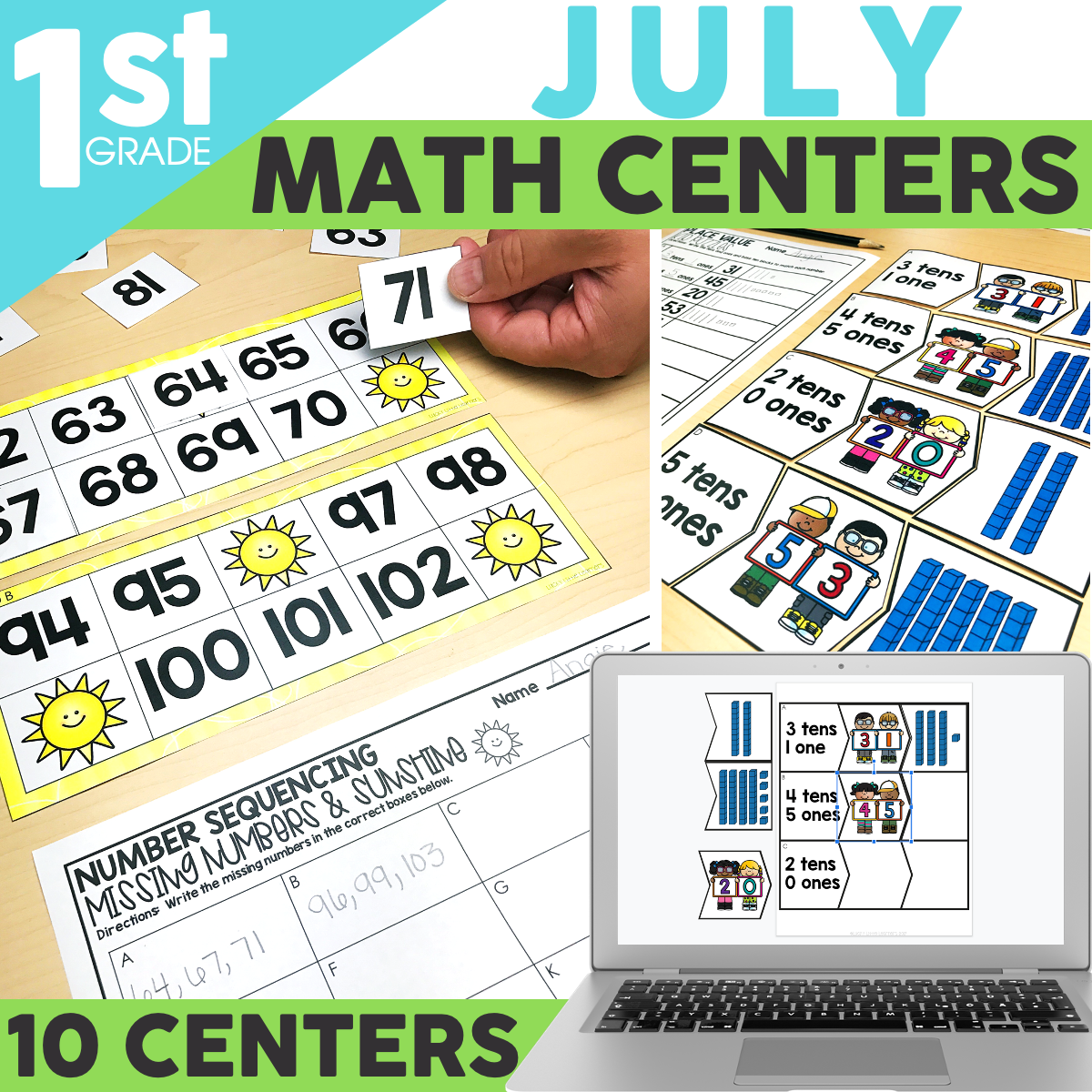 First grade math centers for July featuring number sequencing, counting, and visual learning activities with colorful educational materials and digital resources.