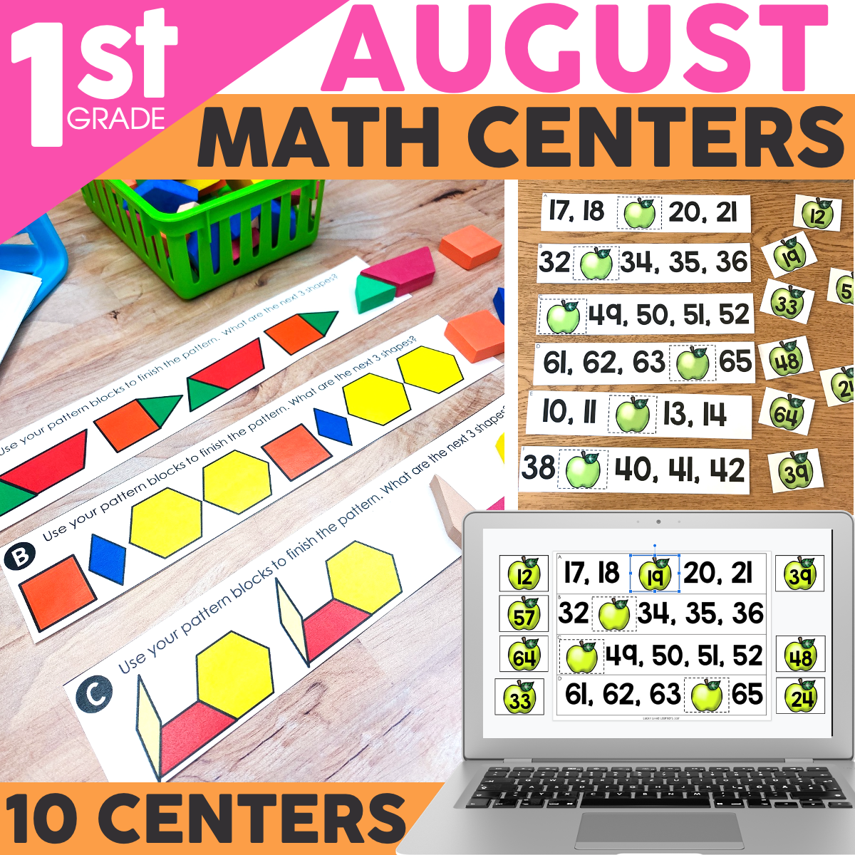 Educational math centers for 1st grade featuring pattern blocks, number cards, and apple-themed activity sheets to enhance early math skills.