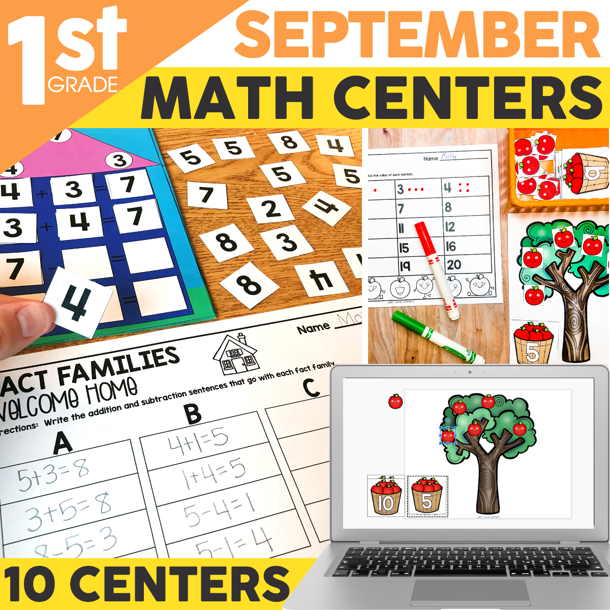 Educational math centers for 1st grade featuring number cards, worksheets, and interactive activities to enhance early math skills in a classroom setting.