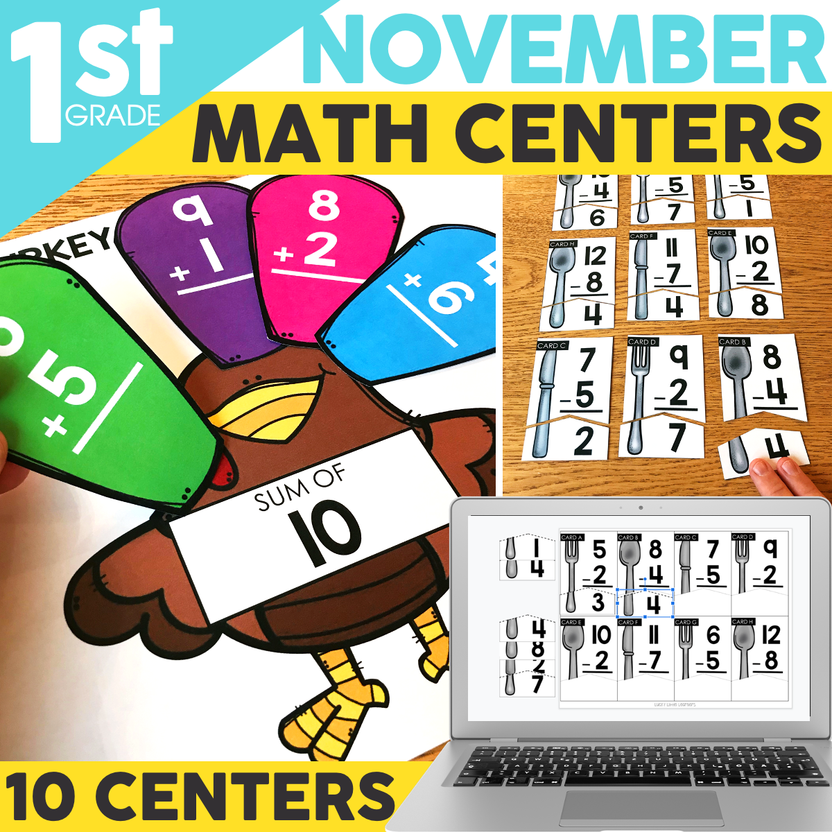 First grade math centers for November featuring colorful turkey-themed addition and subtraction activities with digital and printable options for engaging early learners.