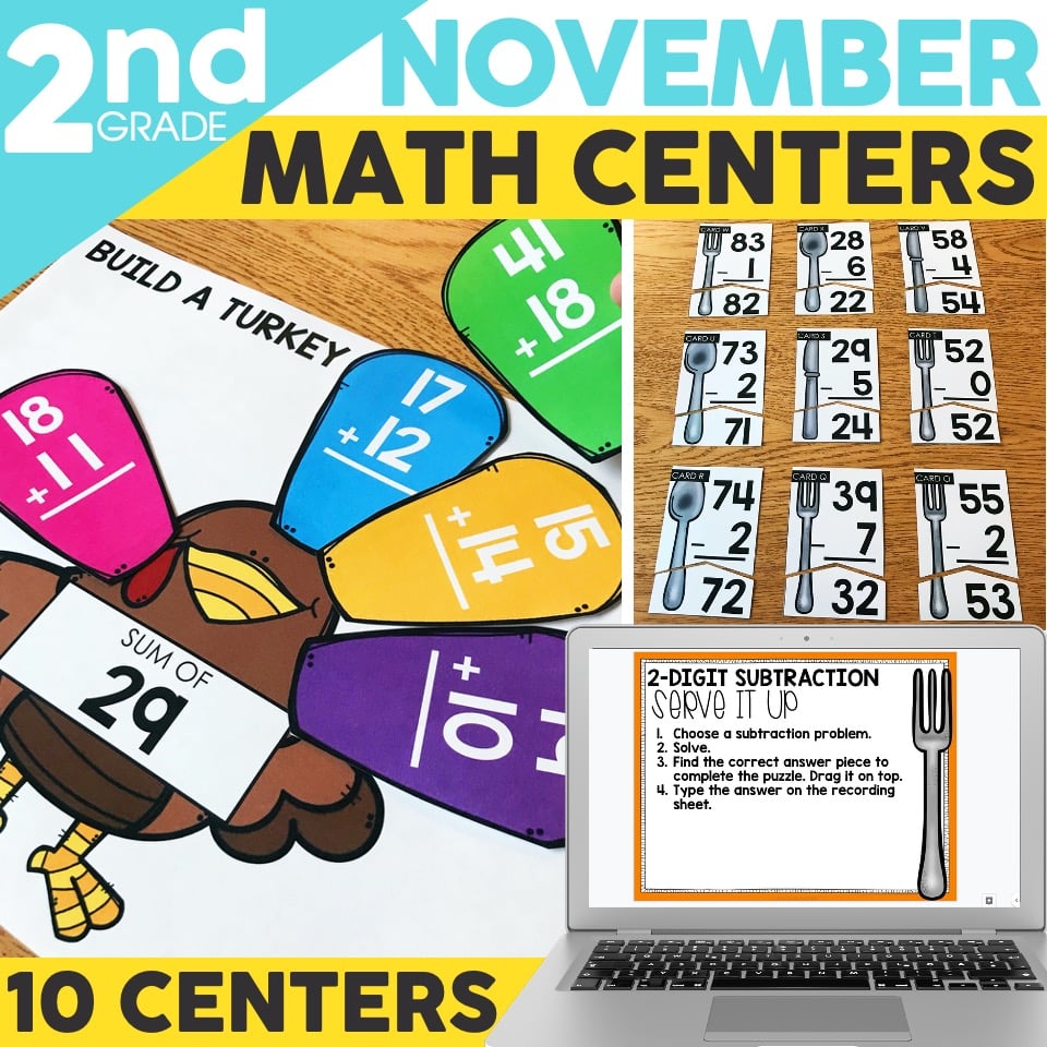 Educational math centers for 2nd grade featuring addition, subtraction, and number building activities with colorful visuals and printable resources.