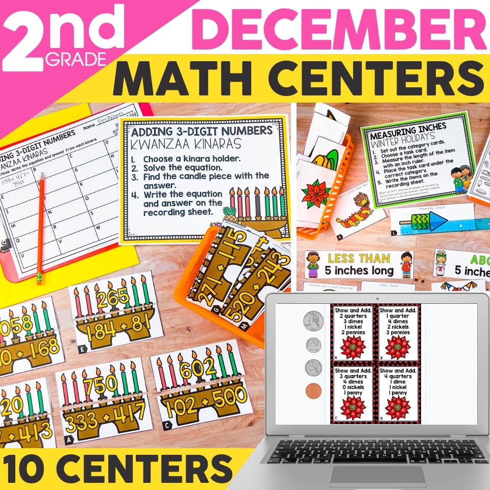 December 2nd grade math centers for addition, subtraction, measurement, and comparison activities with colorful visuals and printable worksheets for classroom use.