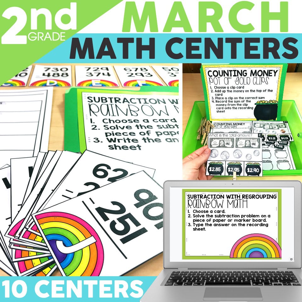 Second grade March math centers with subtraction and counting money activities, including flashcards, a digital recording sheet, and a rainbow-themed math problem on a laptop screen.