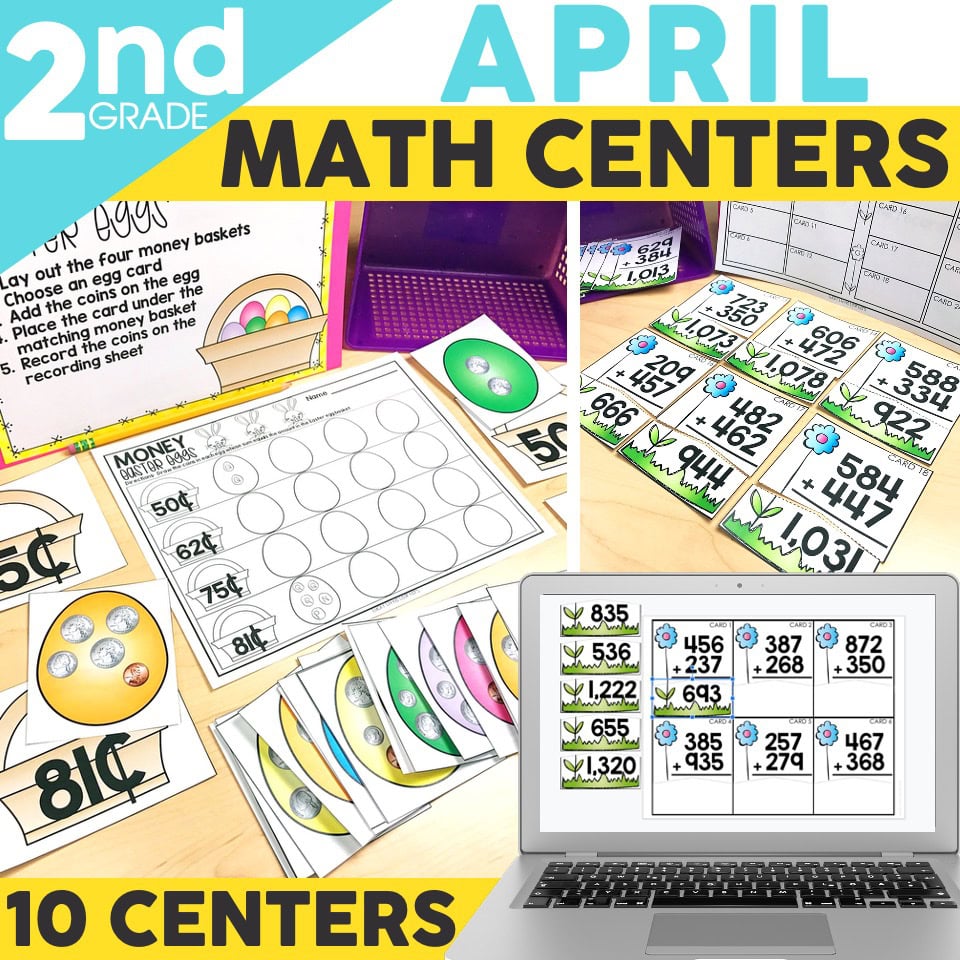 Second grade April math centers with worksheets, dice, and digital tools for engaging math practice at Lucky Little Learners.