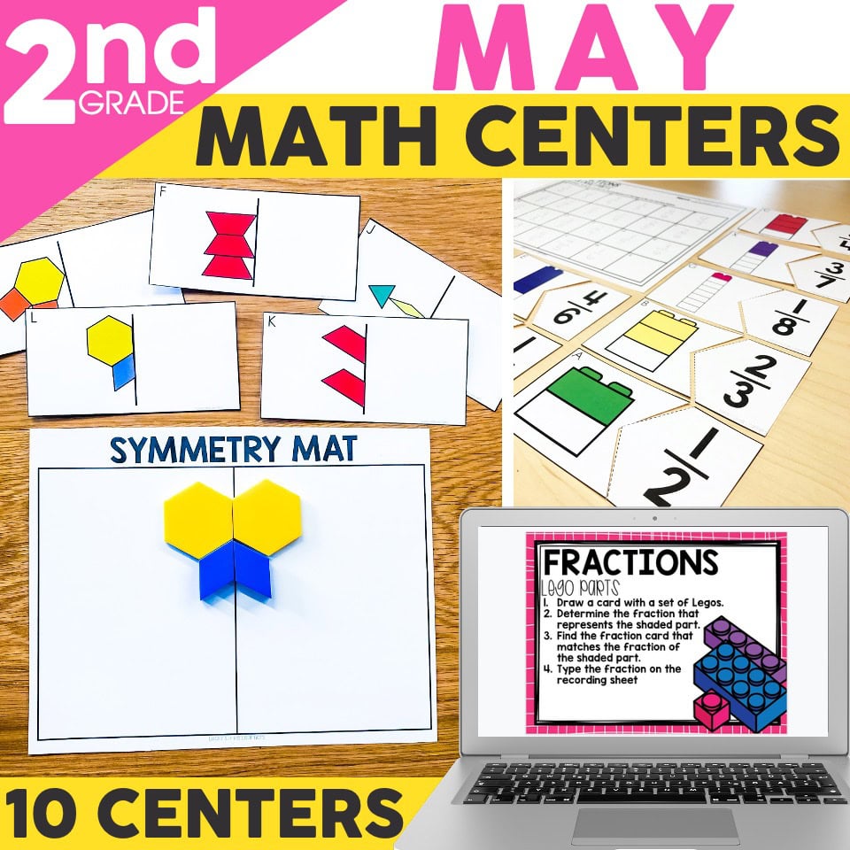 Math centers for 2nd grade featuring symmetry mats, fraction activities, and number cards to enhance math skills and engagement in the classroom.
