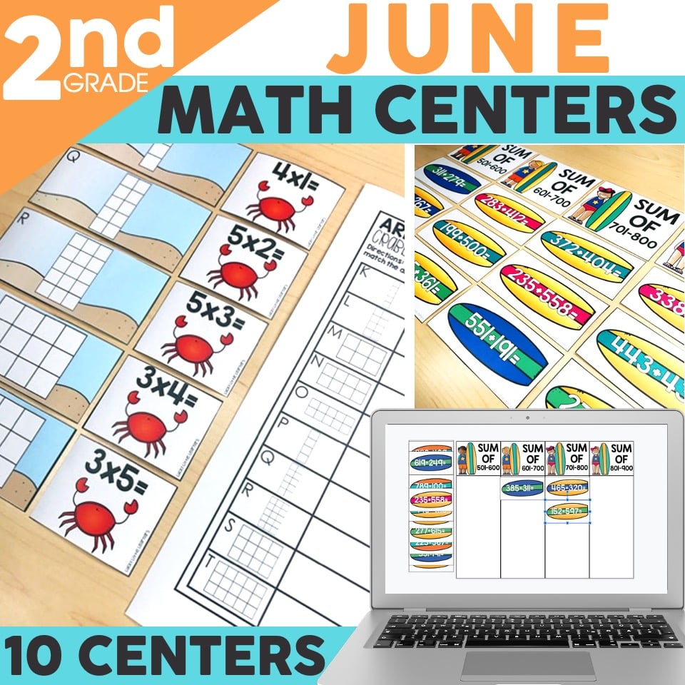 June second grade math centers for classroom activities including multiplication, addition, and subtraction worksheets with colorful visuals and a laptop display.
