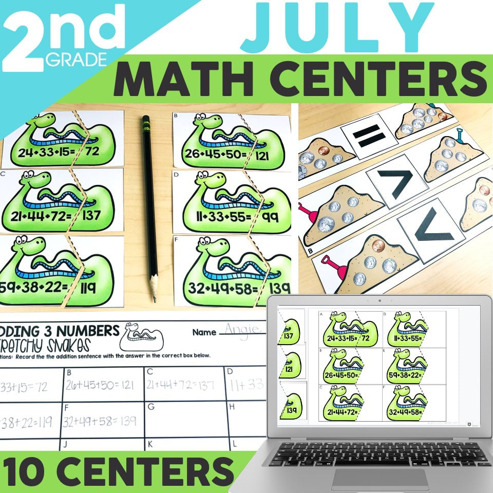 Second grade math centers activity with addition and subtraction problems, featuring colorful dinosaur-themed cards and a laptop displaying similar exercises for engaging learning.