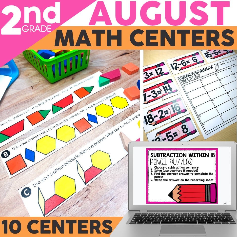 Second grade math centers for subtraction practice with colorful pattern blocks, worksheets, and digital activities for engaging learning.