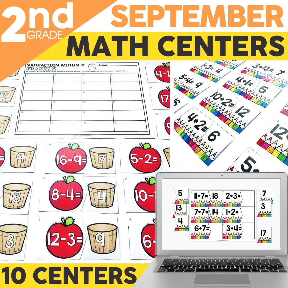 Second grade math centers activity sheet with subtraction problems, apple and bucket illustrations, and printable digital resources for classroom use.