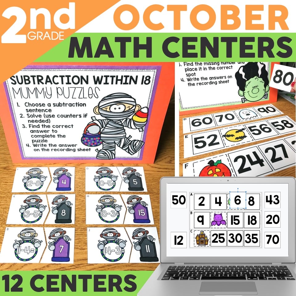 October second grade math centers for subtraction, number recognition, and counting, featuring engaging activities with colorful visuals and printable worksheets for classroom use.