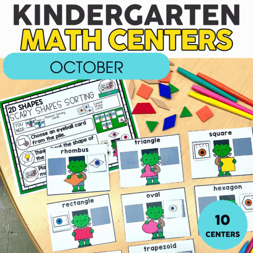 Kindergarten October math centers with shape sorting activities, colorful manipulatives, and engaging learning materials for early learners.