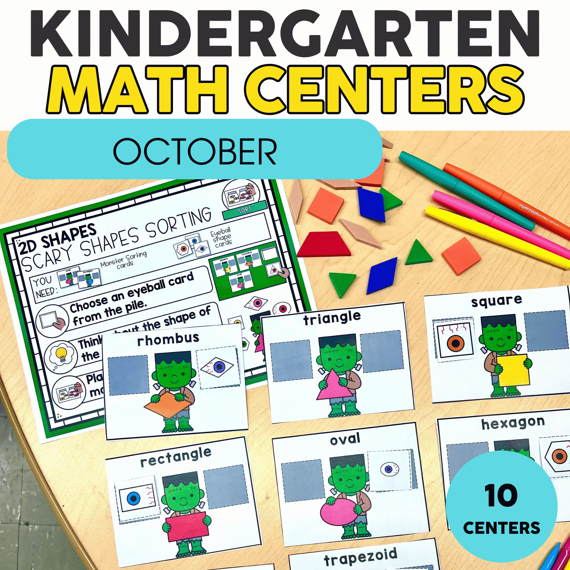 Kindergarten October math centers with shape sorting activities, colorful manipulatives, and engaging learning materials for early learners.