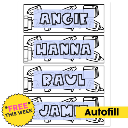 Colorful name tags for Angie, Hanna, Raul, and Jamie with a yellow 'Autofill' banner and a pink 'FREE THIS WEEK' badge, designed for classroom organization and student recognition.