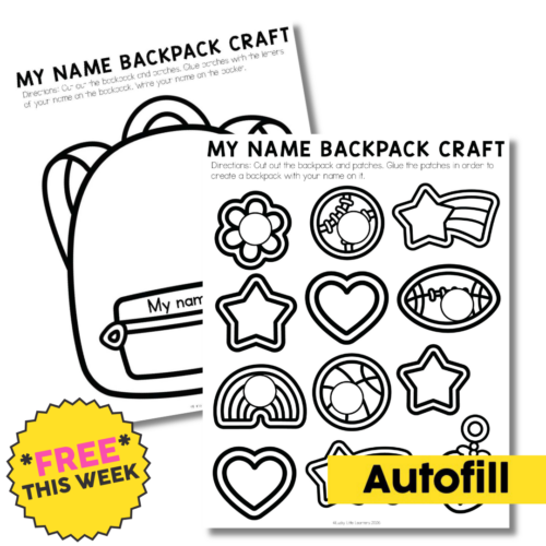 Printable backpack craft activity for kids featuring cut-out patches to personalize with their names, including fun shapes like stars, hearts, and flowers, ideal for early learning.