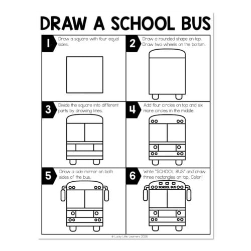 Step-by-step drawing tutorial for creating a school bus, including instructions for drawing the bus shape, wheels, windows, and adding details for a fun educational activity.