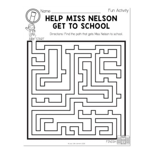 Maze activity worksheet titled 'Help Miss Nelson Get to School' with a path from start to finish, designed for early learners to develop problem-solving skills.