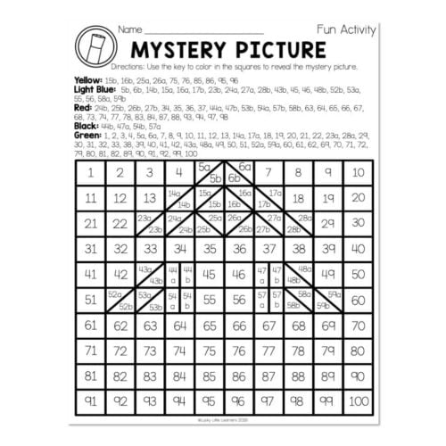 Mystery activity worksheet with numbered grid, color-coded sections, and a key for coloring squares in yellow, light blue, red, and black to reveal a hidden picture.