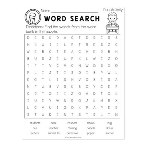 Educational word search puzzle for students featuring words like students, desk, respect, books, and teacher, designed to enhance vocabulary and spelling skills for young learners.
