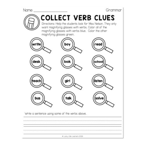 Educational worksheet titled 'Collect Verb Clues' with magnifying glasses and verbs like write, boy, read, desk, look, school, teach, girl, listen, bus, talk, solve for students to identify and use.