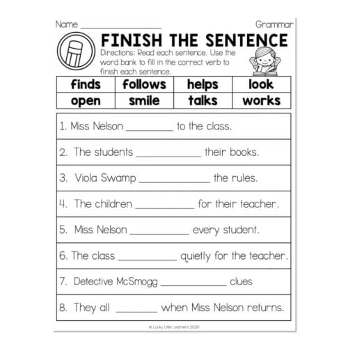 Educational worksheet titled 'Finish the Sentence' with fill-in-the-blank sentences for students, featuring words like finds, follows, helps, look, open, smile, talks, works, and a cartoon girl in a.