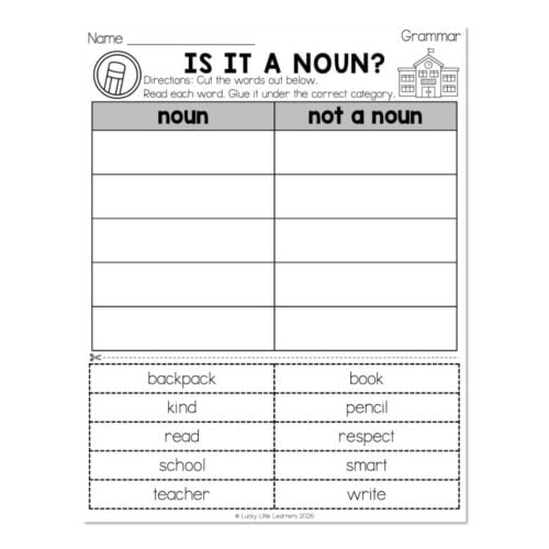 Educational worksheet for identifying nouns with categories and examples, featuring a school theme and a list of words like backpack, book, pencil, and teacher.