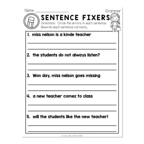 Educational worksheet titled 'Sentence Fixers' with five sentences for students to correct, featuring a cartoon girl and space for name and grammar notes, from Lucky Little Learners.