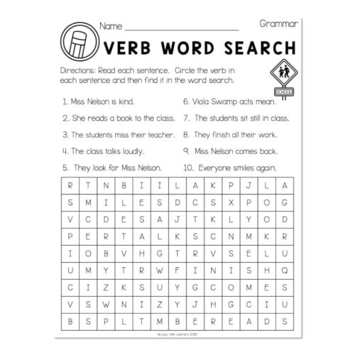 Educational worksheet featuring a verb word search activity for kids, with instructions and sentences to practice identifying verbs in context.