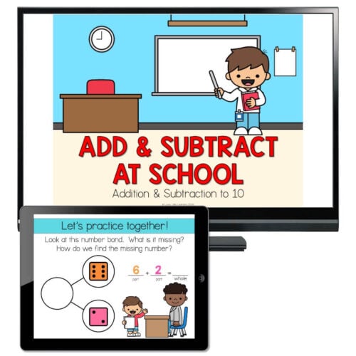 Educational image showing a classroom with a teacher and students practicing addition and subtraction at school, featuring digital devices and math activities for young learners.