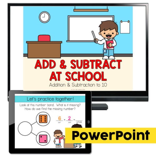 Educational image showing a computer and tablet with add and subtract school activities for young children, featuring colorful graphics and a cartoon boy teaching math concepts.
