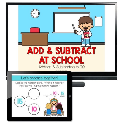 Educational image showing a computer screen and tablet with add and subtract math activities for school children, featuring colorful graphics and practice exercises.