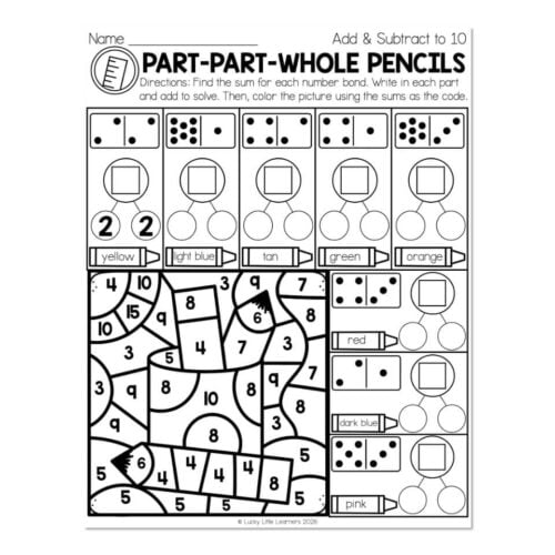 Educational worksheet for addition and subtraction with dice, number bonds, and color-coded parts for kids learning math concepts.