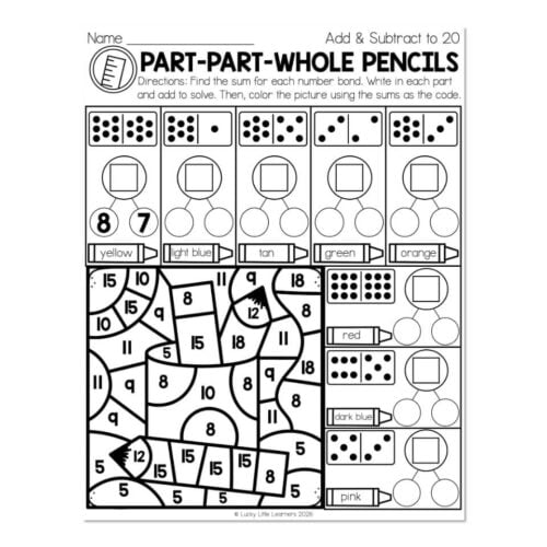 Educational worksheet for addition and subtraction with part-part-whole diagrams, number bonds, and color-coded sections for teaching math concepts to young learners.