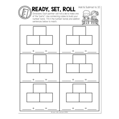 Educational worksheet titled 'Ready, Set, Roll' for addition practice with connecting cubes and number bonds, designed for early learners to build math skills.