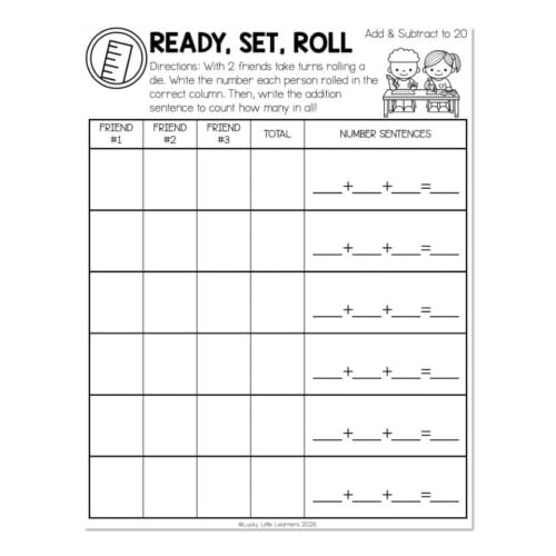 Educational math worksheet titled 'Ready, Set, Roll' for addition practice with friends, featuring rolling dice, writing sums, and solving addition problems for early learners.
