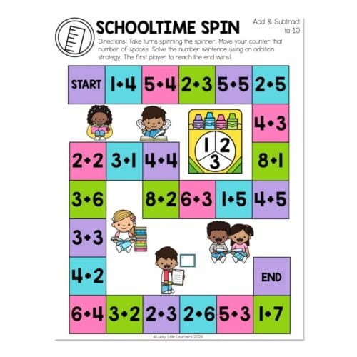 Educational board game titled 'Schooltime Spin' for addition and subtraction practice, featuring colorful squares with math problems, children illustrations, and game instructions.