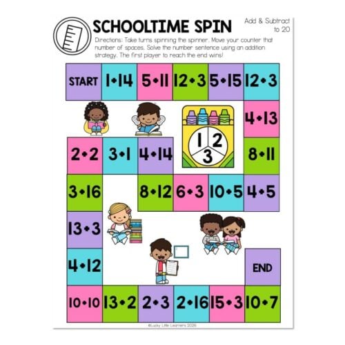 Educational board game called 'Schooltime Spin' for addition and subtraction practice, featuring colorful numbered spaces, children playing, and instructions for fun math learning.