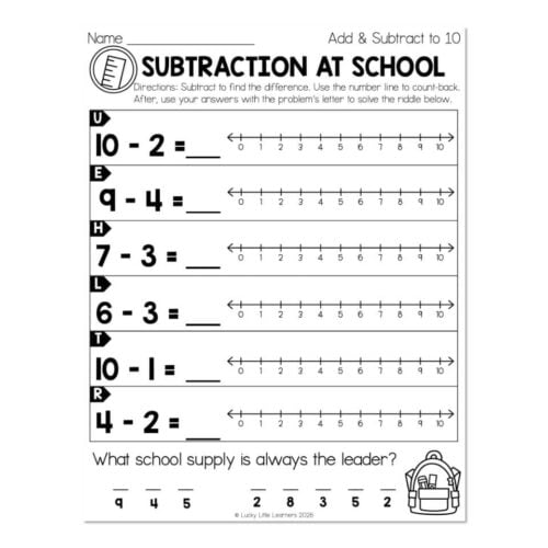 Educational subtraction worksheet for elementary students with problems like 10-2, 9-4, 7-3, 6-3, 10-1, 4-2, featuring a school backpack illustration and number lines for visual learning.