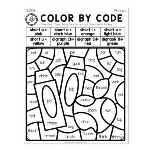 Color by code activity sheet featuring various black-and-white images of objects and animals to be colored according to color codes for educational fun.
