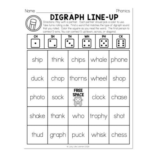 Educational digraph line-up worksheet for early learners featuring words with CH, SH, TH, WH, PH, and CK sounds, including a robot mascot and space for student practice.
